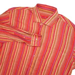 Bugatchi Uomo‎ Shirt Mens Large Multicolor Stripe Linen Button Front Long Sleeve